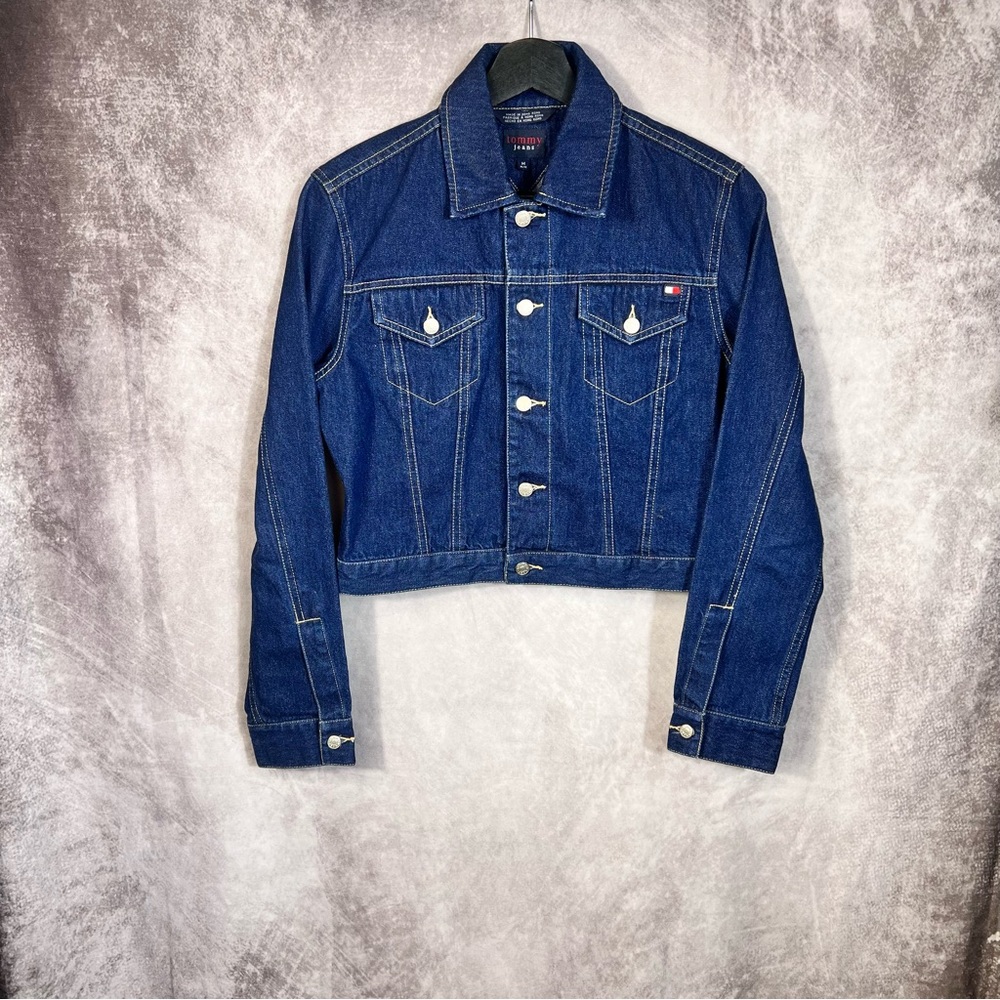 Vintage Tommy Jeans Womans Medium Blue Cropped Denim Jacket Button Up Y2K